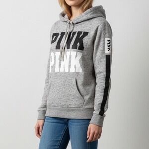 PINK Victoria's Secret Gray Heathered Hoodie Double Logo Sleeve Stripes Size S